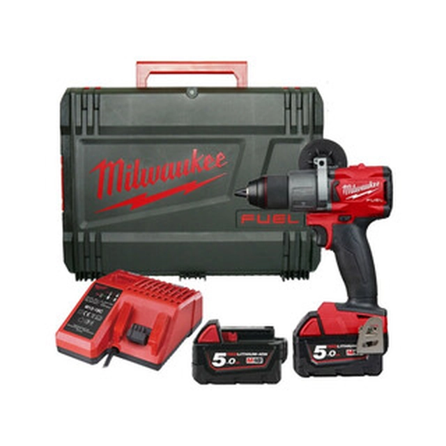 Furadeira sem fio Milwaukee M18 FDD2-502X com mandril 18 V | 135 Nm | Carbono sem escova | 2 x 5 Ah bateria + carregador | No caso de serviço pesado