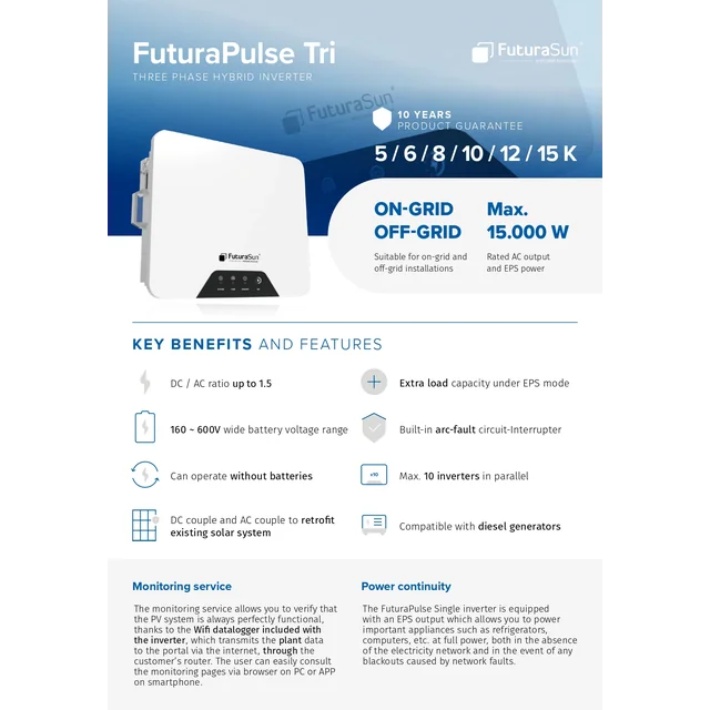 FuturaSun FuturaPulse hibrīda invertors 12kW, WiFi sargspraudnis - skaitītājs un CT iesk.