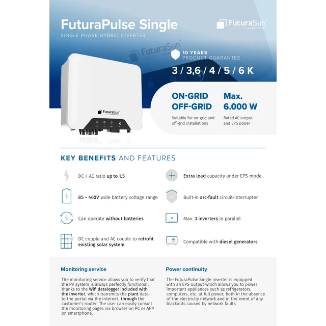 FuturaSun FuturaPulse хибриден инвертор 3kW, WiFi донгъл - измервателен уред и CT вкл.