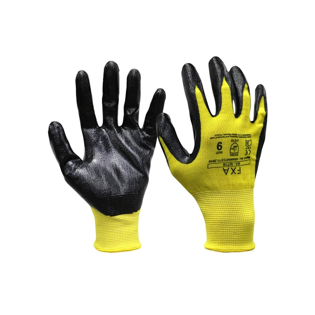 FXA work gloves size 10, nitrile coating, yellow.Prevents oil from penetrating the glove, breathable face.