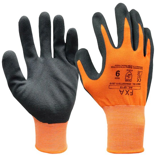 FXA work gloves size 10, nitrile foam coating, orange.Prevents oil from penetrating the glove, breathable face.