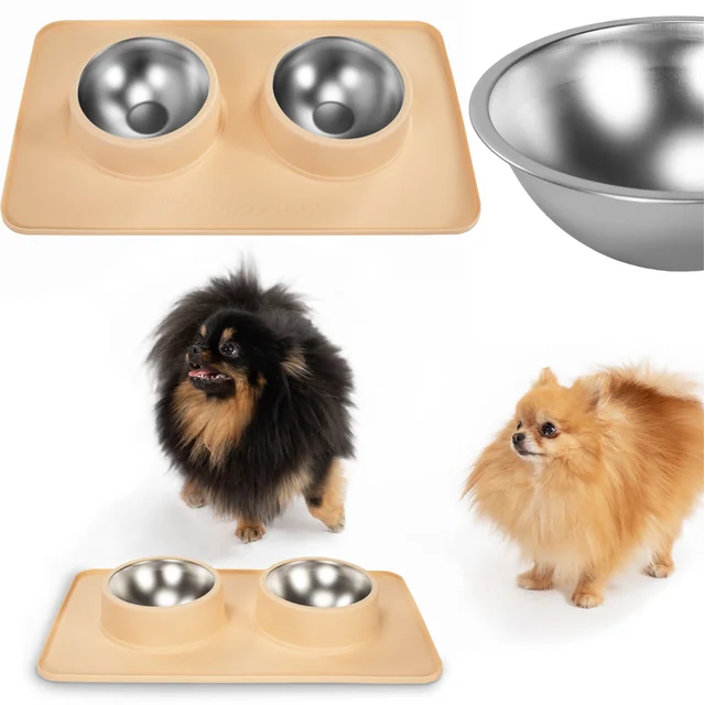 Gamelles en métal pour chien ou chat avec tapis antidérapant beige