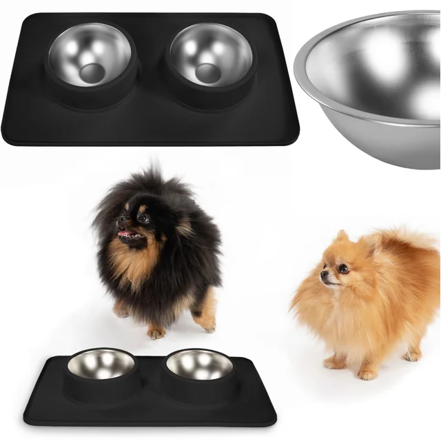 Gamelles en métal pour chien ou chat avec tapis antidérapant, noires