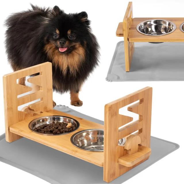 Gamelles réglables en métal pour chien ou chat avec ensemble de tapis en silicone