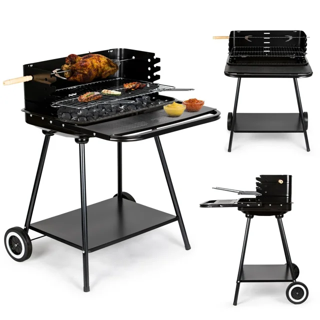 Garden grill with rotisserie and grate adjustment + two large shelves