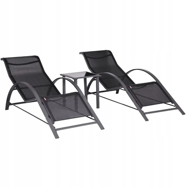 Garden loungers and table set, black, two aluminum loungers, tempered glass