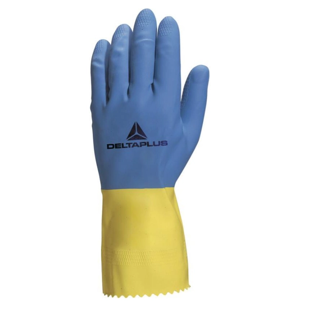 Gelbe und blaue Latexhandschuhe DELTA PLUS VE330BJ09