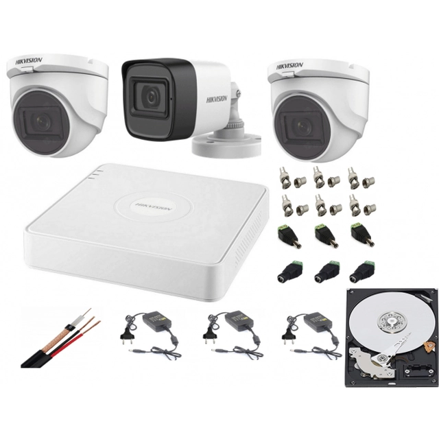 Gemengd audio-videobewakingssysteem Hikvision 3 Turbo HD-camera's 2MP DVR 4 kanalen, HARD 500 GB, volledige accessoires