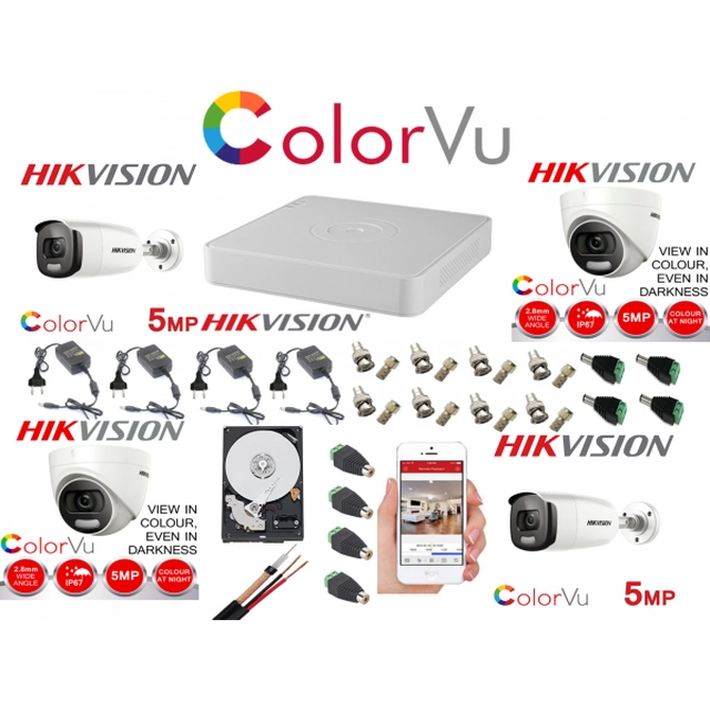 Gemengde professionele bewakingskit Hikvision Color Vu 4 camera's 5MP IR40m en IR20m DVR 4 kanalen volledige accessoires en HDD 1TB