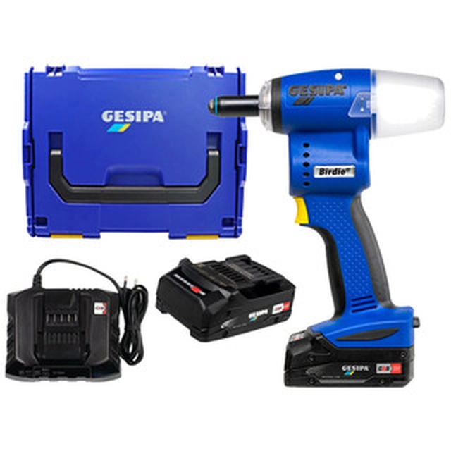 GESIPA Birdie cordless pop riveter 18 V|5 -6 mm |10000 N | Carbon Brushless |2 x 2 Ah battery + charger | in L-Boxx