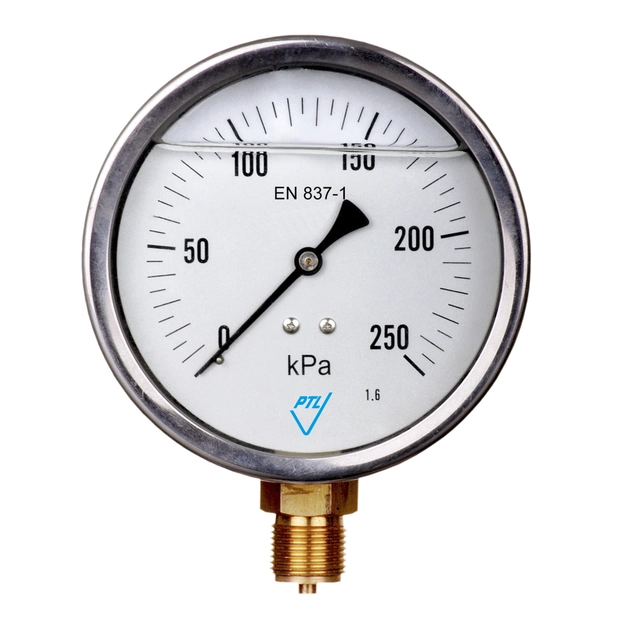 Glicerino manometras, Ø 100 mm, apačia M20x1,5, 0 - 100 kPa / 0 - 6 MPa