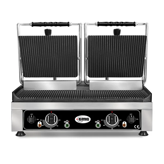 GMG - Dubbele contactgrill - ▲ & ▼ Geribbeld - met gietijzeren platen, vetopvangbak en temperatuurregelaar 50° - 300° C