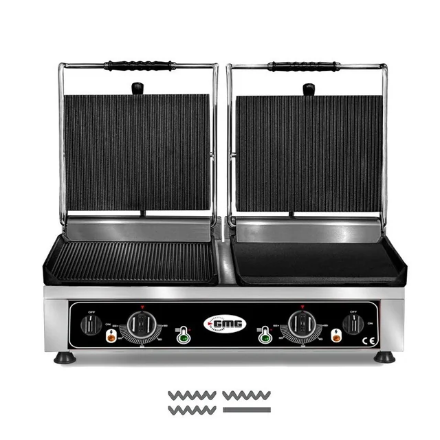 GMG - Grill doble de contacto - ▲ Estriado ▼ Liso/Frotado - con placas de hierro fundido, Bandeja recoge grasa y regulador de temperatura 5