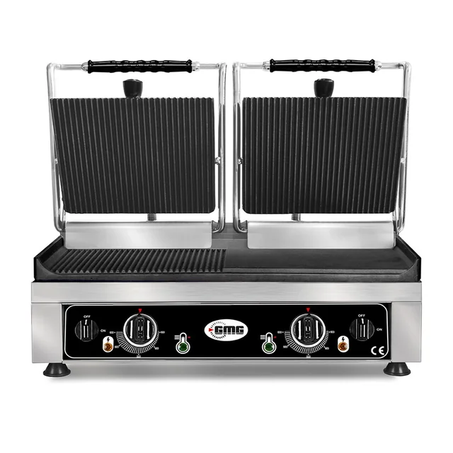 GMG - Grill doble de contacto - ▲ Estriado ▼ Liso/Frotado - con placas de hierro fundido, Bandeja recoge grasa y regulador de temperatura 5