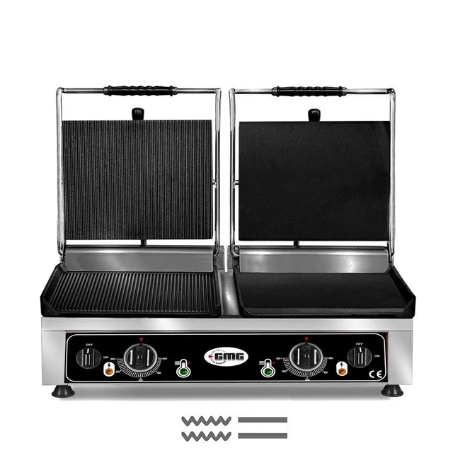 GMG - Grill doble de contacto - ▲ Estriado/Liso ▼ Estriado/Liso - con placas de hierro fundido, bandeja recoge grasa y regulador de temperatura