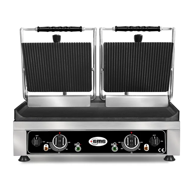 GMG - Kontakt dobbelt grill - ▲ Ribbet ▼ Glat - med støbejernsplader, Fedtbakke og temperaturregulator 50° - 300°