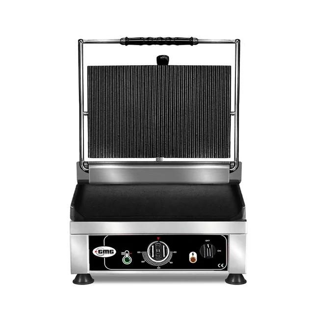 GMG - Kontaktgrill - ▲ Ribbet ▼ Glat - med støbejernsplader, Fedtbakke og temperaturregulator 50° - 300° C