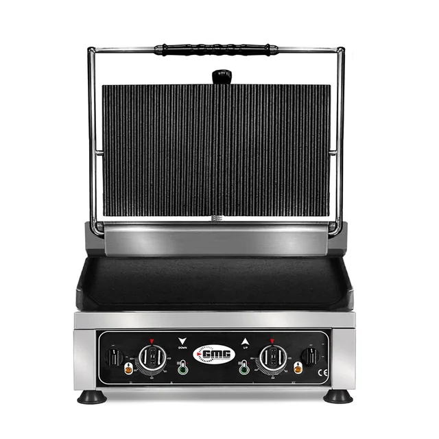 GMG - Kontaktgrill - ▲ Ribbet ▼ Glat - med støbejernsplader, Fedtbakke og temperaturregulator 50° - 300° C