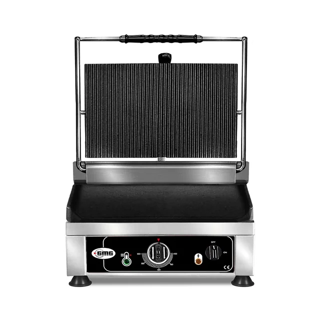 GMG - Kontaktgrill - ▲ Ribbet ▼ Glat - med støbejernsplader, Fedtbakke og temperaturregulator 50° - 300° C