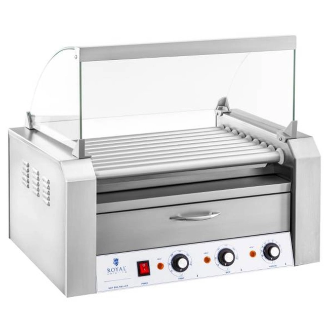 Görgős grillsütő fedővel és melegítő fiókkal zsemléhez 16 HotDog kolbász 2200W 230V Royal Catering