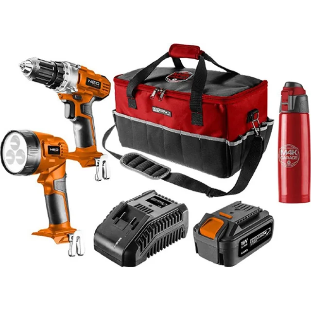 Graphite Power Tool Set Tool setbattery powered, 04-600-M4K, drill/flashlight/battery/charger/thermos/bag, 18V, 6 items, Neo Tools