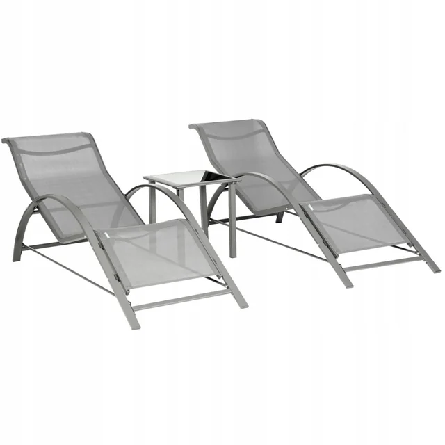 Gray garden lounger and table set, two aluminum loungers, tempered glass