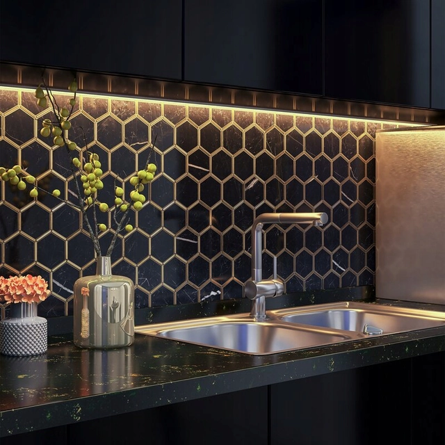 Gres HEXAGON BLACK MARBLE GOLD augsts spīdums