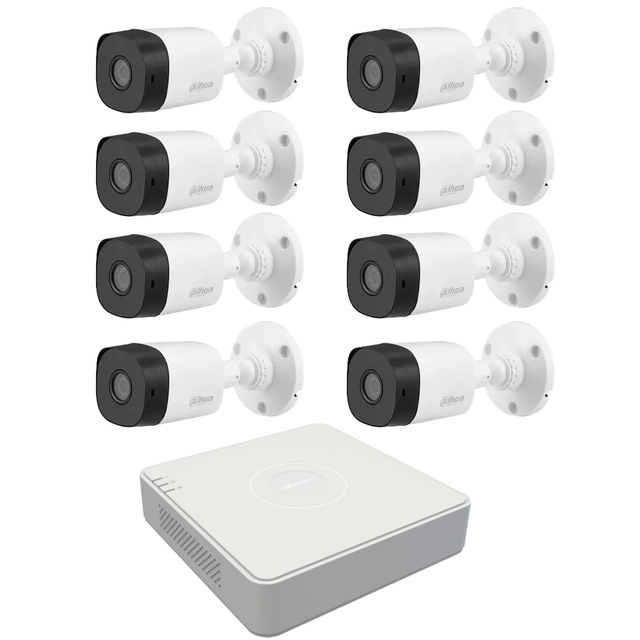 Grundläggande videoövervakningssystem 8 Dahua-kameror 2MP, 3.6mm, IR 20m, DVR 8 Hikvision-kanaler