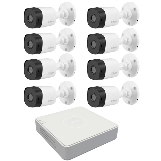 Grundlæggende videoovervågningssystem 8 Dahua-kameraer 2MP, 3.6mm, IR 20m, DVR 8 Hikvision-kanaler