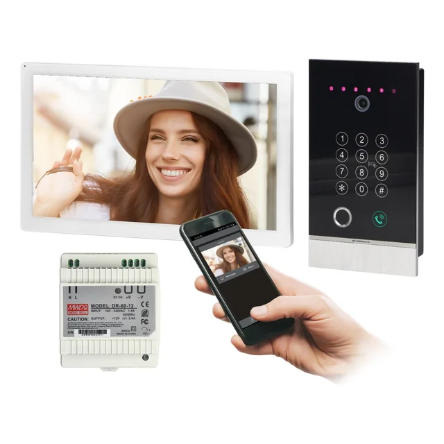 GUARDO handset-free single-family video intercom set with a fingerprint reader, proximity reader, and encryption device