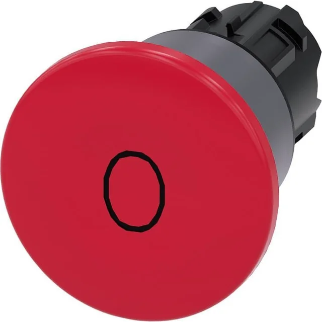 Gumb Siemens Mushroom 22mm okrogla plastika z rdečim napisom met prstan 3SU1030-1BA20-0AD0