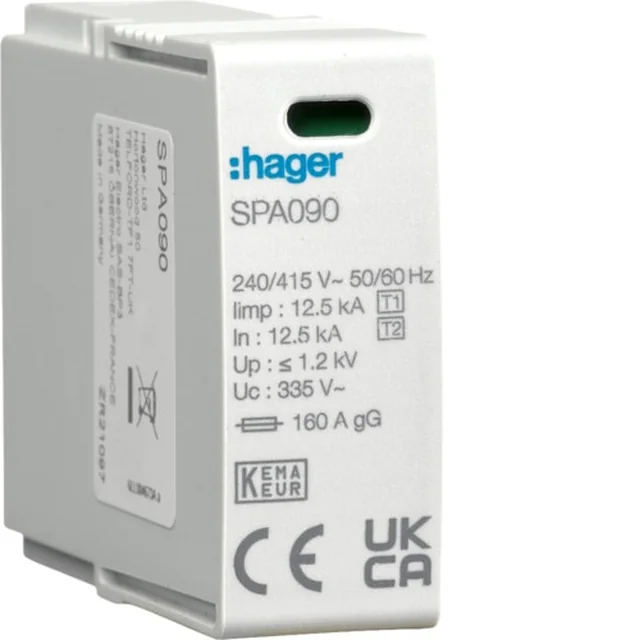 Hager SPD-modul T1+T2 MOV​1P L‑N Iimp=12,5 kA In=12,5kA Imax=50kA Up1,2kV SPA090