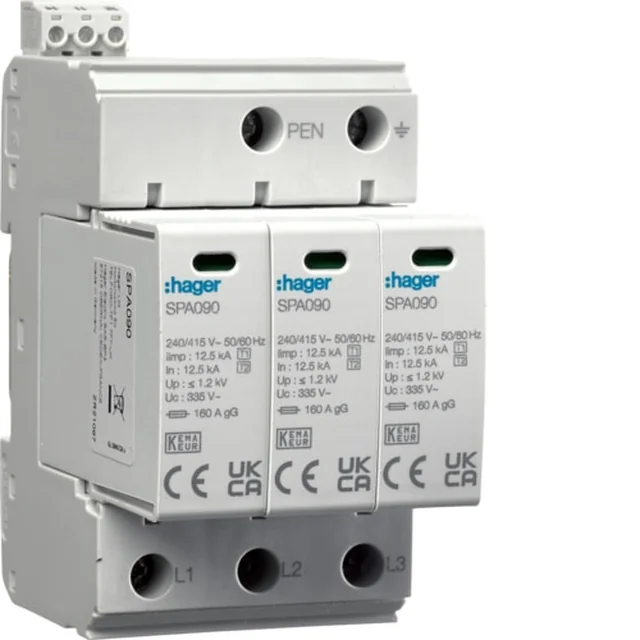 Hager Surge arrester B+C Type T1+T2 MOV ​​3P TN‑C network In=50kA SPA930