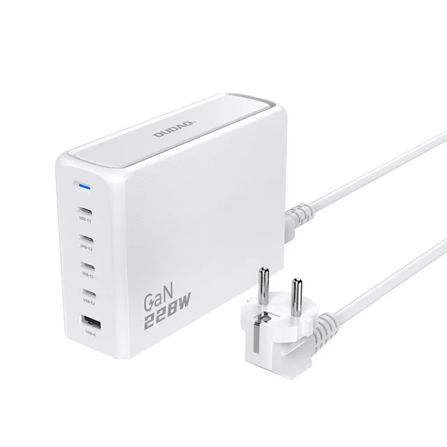 Hálózati töltő GaN töltőállomás 1x USB-A 4x USB-C PD 228W kábellel 1.5m fehér