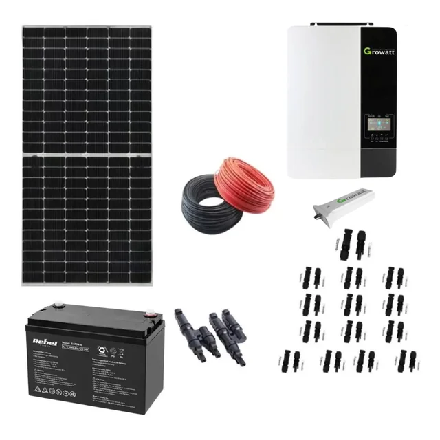 Hálózaton kívüli fotovoltaikus rendszer KIT 5 KW pro 14 Monokristályos panelekkel 380W 8 Akkumulátorokkal 12V 100 Ah Rebel és Growatt Inverter 5kW