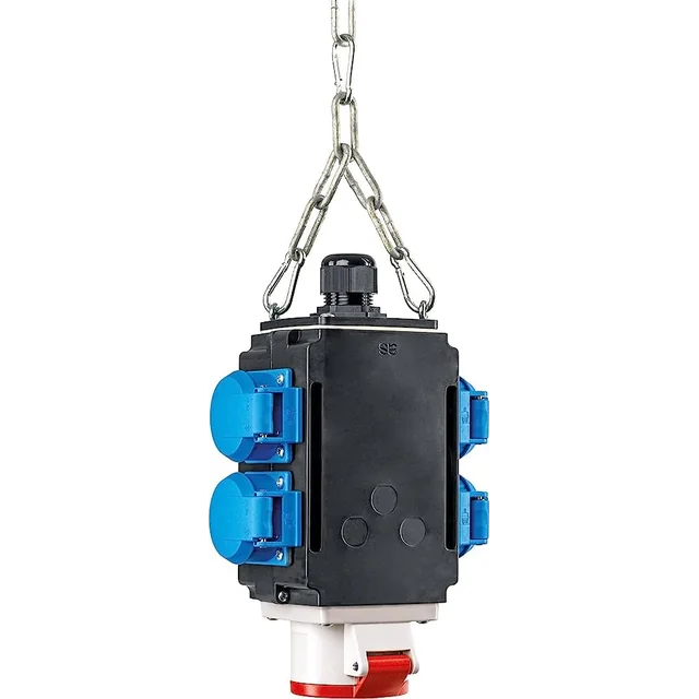 Hangende energieverdeler 1 driefasige stopcontacten 400V 5 poly 16A IP44 en met 4 schuko eenfasige stopcontacten 16A IP44 zonder perslucht verbinding