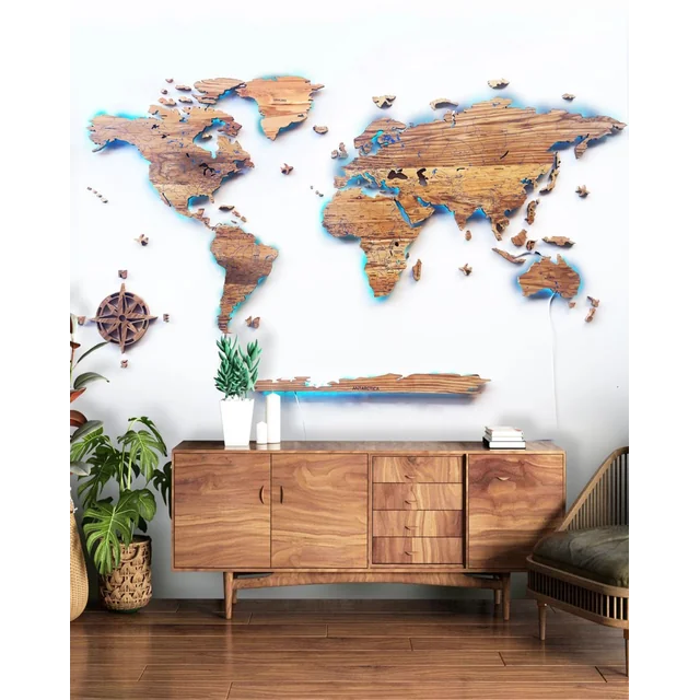 Harta lumii iluminată din stejar masiv Sikorka® 200x100cm