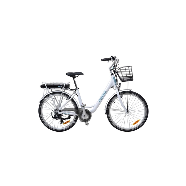 HECHT Prime White electric bike, 18 inch aluminum frame, 26 inch wheels, Shimano shifter, disc brake, 36 V battery