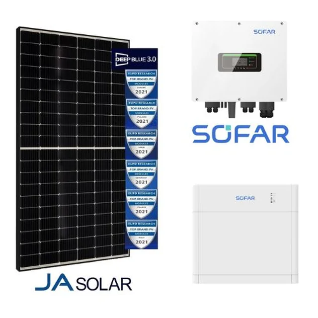 Hibridinis rinkinys 6,07 kW: SOFAR HYD6KTL-3PH + 15*JA SOLAR 405W MR Juodas rėmas + Sofar energijos saugykla 10kWh BTS E5-DS5