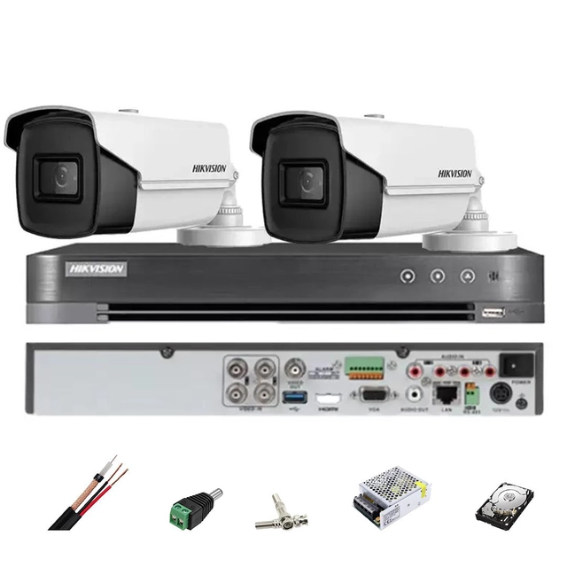 HIKVISION-bewakingssysteem 2 bulletcamera's 8MP, IR 80m, 4 in 1 lens 3.6mm, DVR 4 kanalen, accessoires, harde schijf