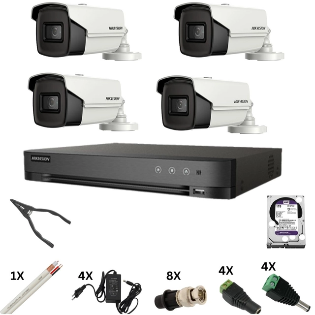 Hikvision-bewakingssysteem met 4 camera's 8 Megapixels, infrarood 60m, DVR 4 kanalen 8 Megapixels, hard, accessoires