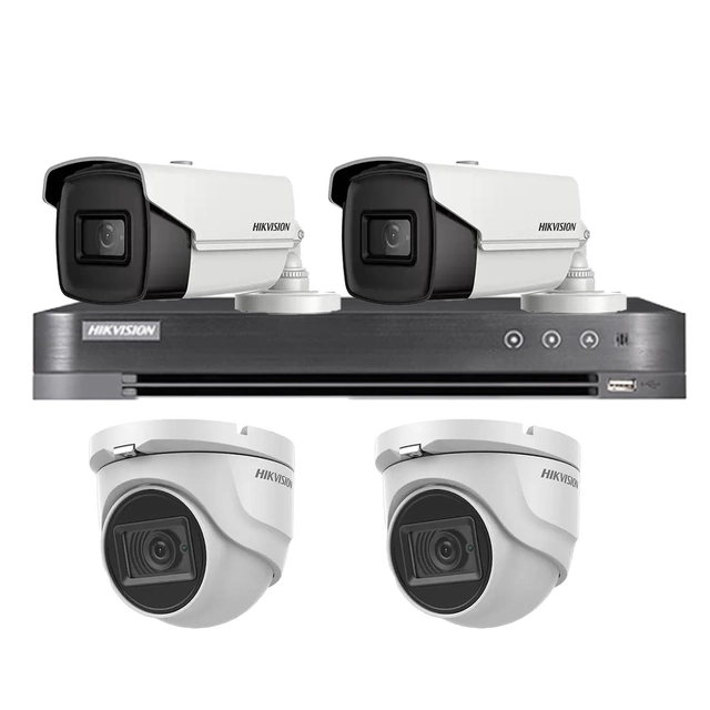 Hikvision blandet overvågningssystem, 2 indendørs kameraer 8MP 4 i 1, IR 30m, 2 udendørskameraer 4 i 1 8MP %p9 /% DVR 4 kanaler 4K 8MP