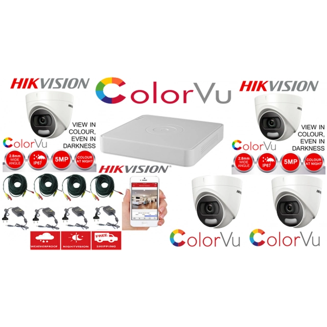 Hikvision Color Vu professional surveillance system 4 cameras 5MP IR20m, DVR 4 channels, full accessories