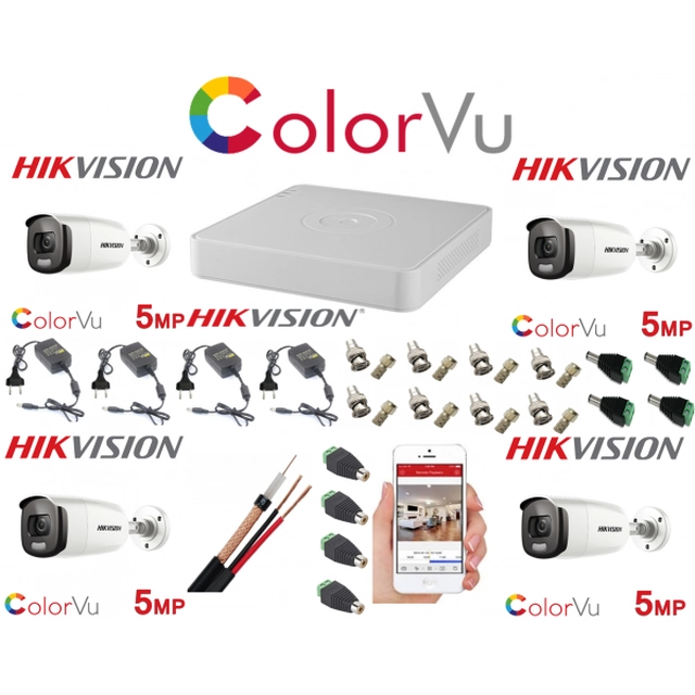 Hikvision Color Vu professional surveillance system 4 cameras 5MP IR40m, IP67 DVR 4 channels 8 MP Accessories included