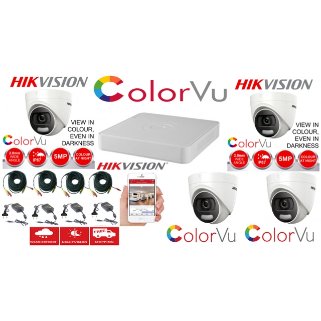 Hikvision Color Vu professioneel bewakingssysteem 4 camera's 5MP IR20m, DVR 4 kanalen, volledige accessoires