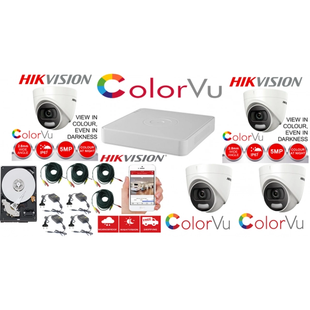 Hikvision Color Vu professionelt overvågningssystem 4 kameraer 5MP IR20m, DVR 4 kanaler, komplet tilbehør og HDD