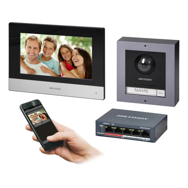 HIKVISION DS-KIS602(B) enfamiljs PoE videointercomset med pekskärm 7&quot; med WiFi, extern panel med Fu-kamera