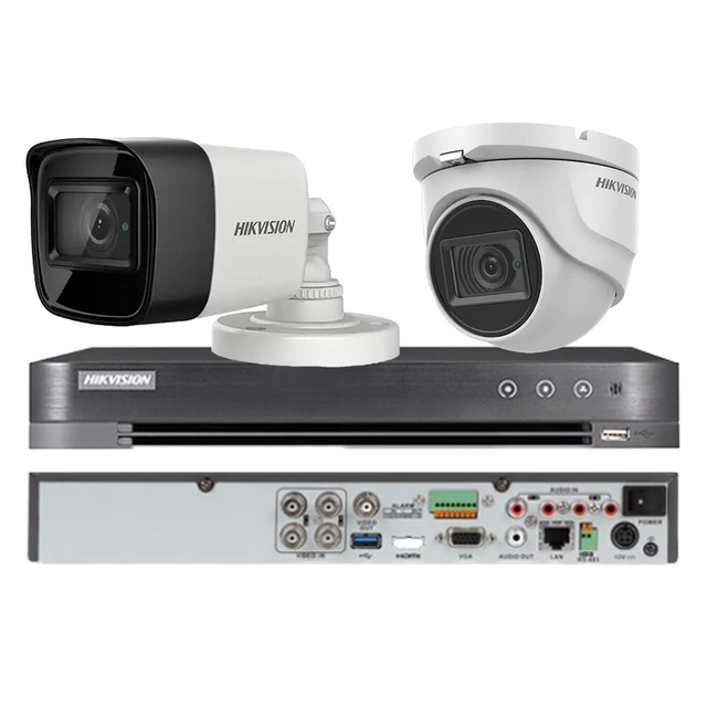 HIKVISION gemischtes Überwachungssystem 2 Kameras, 1 Dome und 1 Bullet 4 in 1, 8MP, Objektiv 2.8mm, IR 30m, DVR 4 Kanäle 4K 8MP