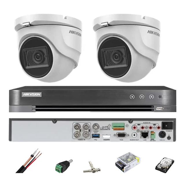 Hikvision комплект за наблюдение 2 вътрешни камери 4 в 1, 8MP, 2.8mm, IR 30m, DVR 4 канали, аксесоари, твърд диск