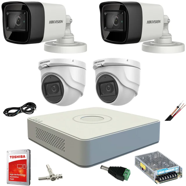 Hikvision komplett vegyes megfigyelőrendszer 4 Turbo HD kamerák 5 MP 20 m IR és 80 ir DVR 4 csatornák minden tartozékkal HDD AJÁNDÉK 1TB